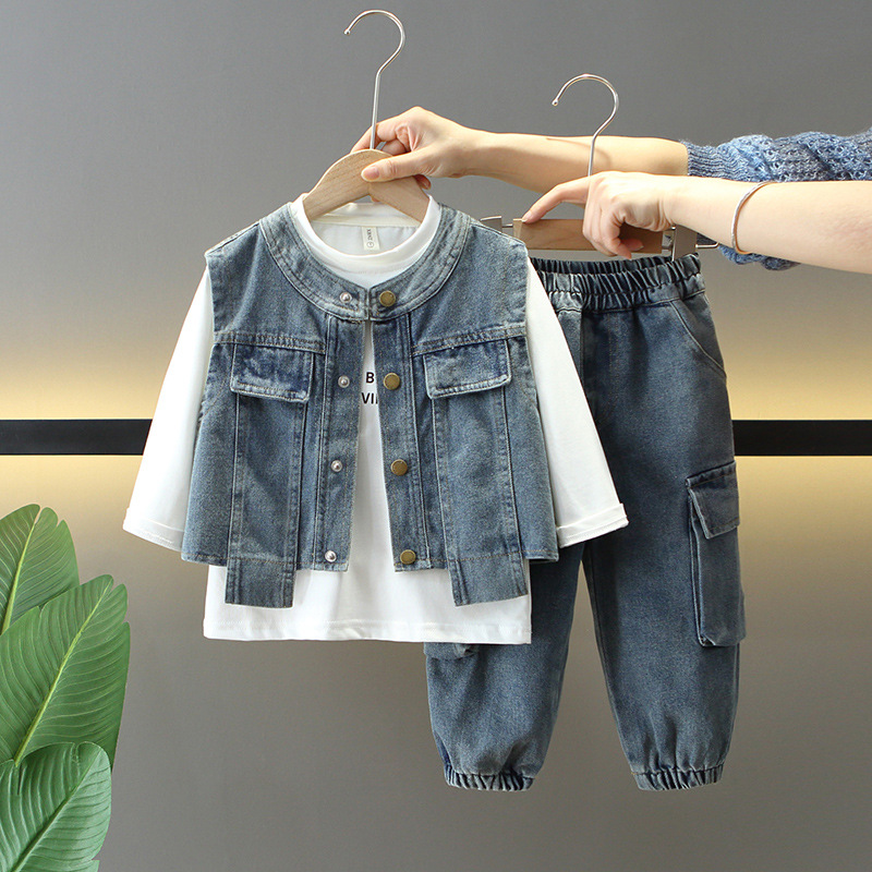 7725 Traje de primavera para niños 2025 Nuevo chaleco de mezclilla para niños Traje de tres piezas para bebés Primavera y otoño Ropa coreana Tendencia