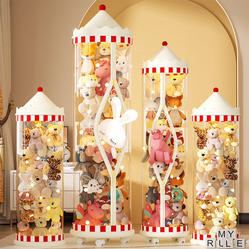 Muñeca de almacenamiento de barril tipo cremallera para juguetes de peluche de acabado transparente canasta de muñecas de niños muñecas de muñecas