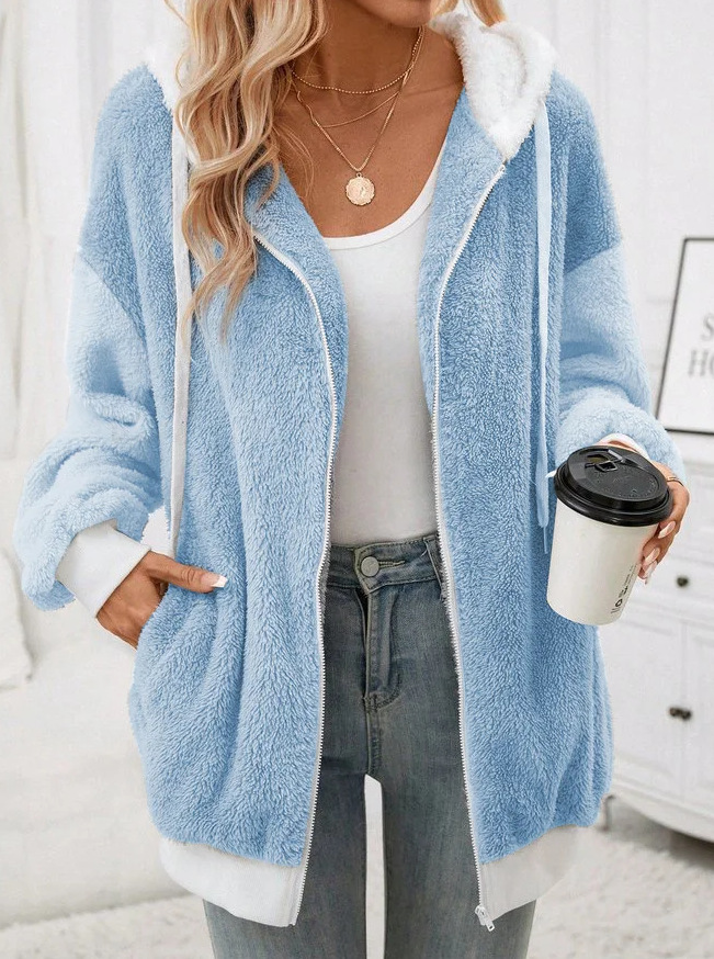Women's Clothing 2024 autumn and winter new plush patchwork hooded loose mid length coat_voghion.com