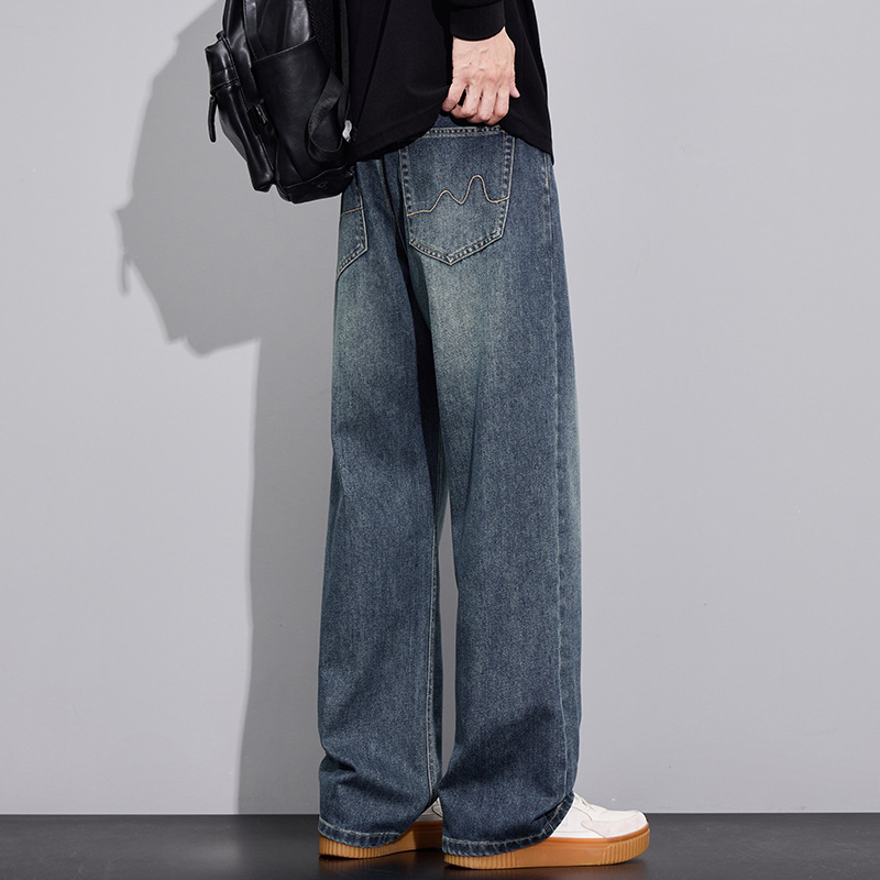 Trendy Men's Daily Wear Wide-Leg Pants, Distressed Washed Denim Fabric, American High Street Style, Loose Casual Long Pants