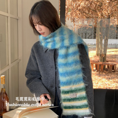 复古彩虹条纹围巾女冬季2025新款韩版马海毛围脖学生加厚保暖披肩