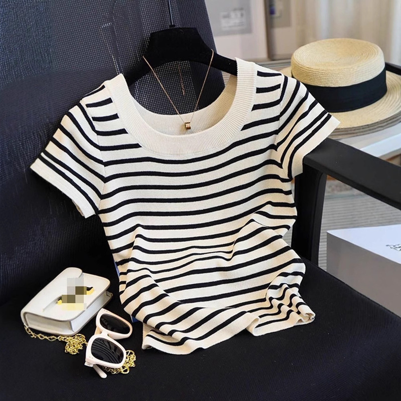 Ice Silk Stripesd Design Short-Sleeved Large Size T-Shirt for Women Square Collar Knitted Bottoming Shirt Summer Short Slim Top for Women