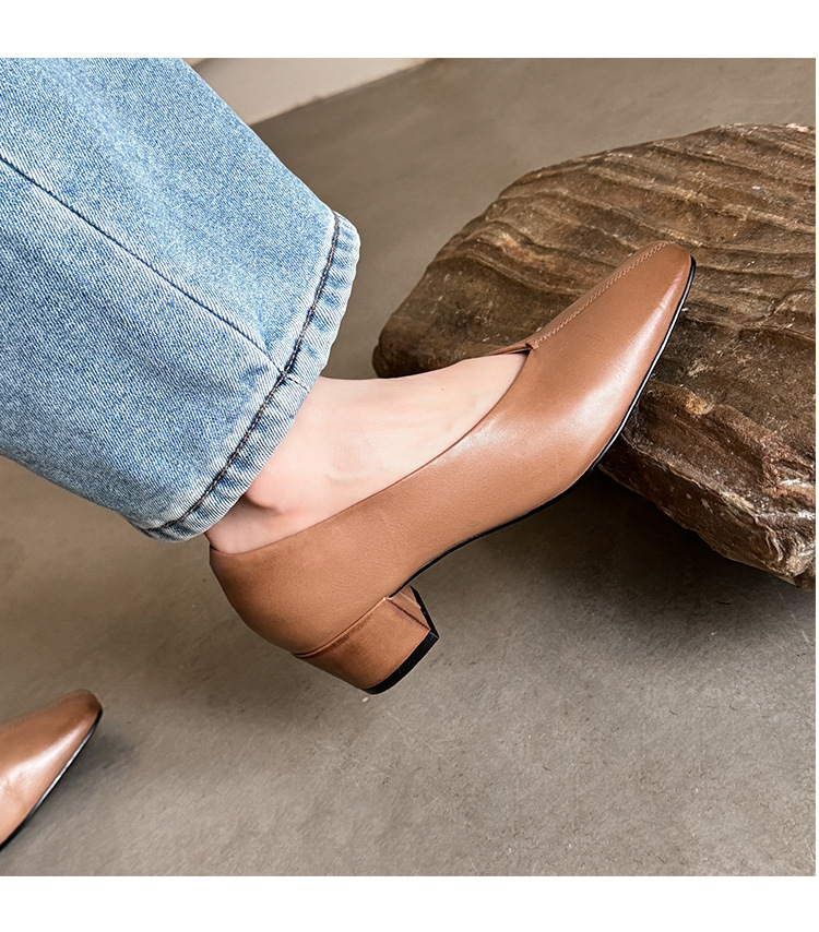 Giày nữ da bò gót vuông cổ V mũi nhọn, phong cách bà nội (granny shoes) đế thấp, đi làm hằng ngày — màu nâu chi tiết 19