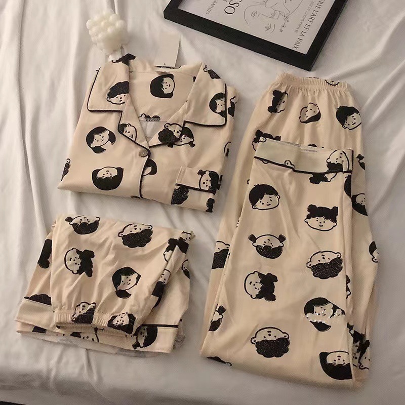 Pijamas de alta gama para mujer, conjunto de tres piezas con cárdigan a rayas de manga corta para verano, se puede usar en exteriores, conjunto de ropa para el hogar para primavera y otoño de 2025
