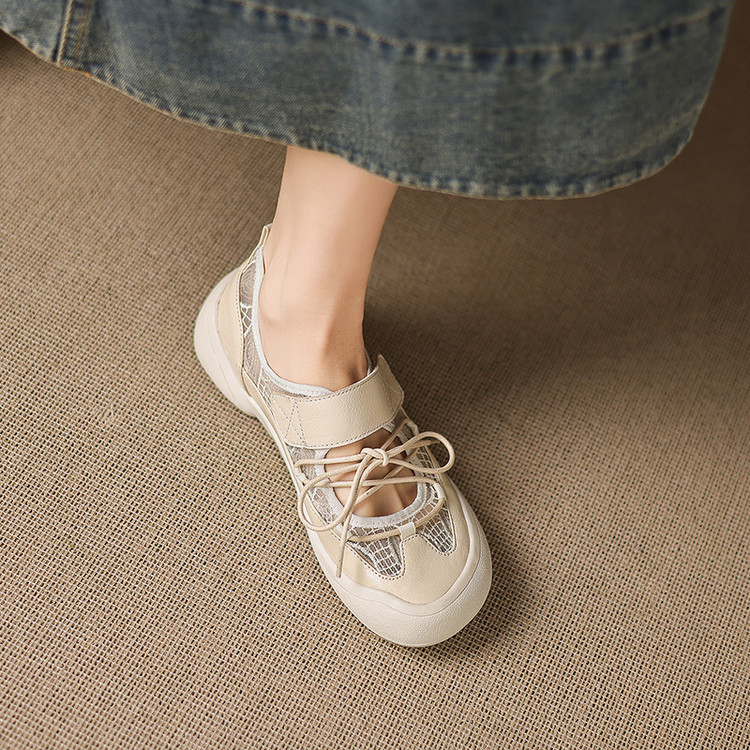 Giày sneaker nữ đế dày ren lưới phối màu cổ thấp — màu trắng ngà chi tiết 45