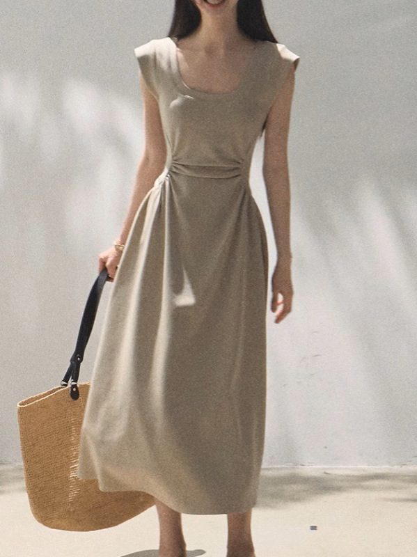 Oakmo Basic* Xiaodao's Summer Lyocell Uネック肌に優しいデイリー直角肩ウエストドレス|undefined