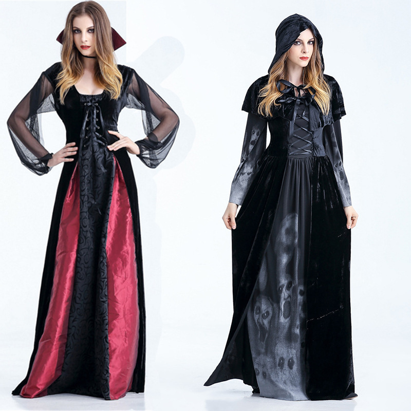 Halloween Costume Vampire Witch Costume Long Dress Gothic Witch Costume Performance Costume Black Temperament Goddess Queen Costume