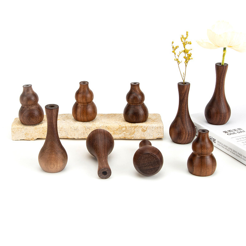 Black Walnut Solid Wood Flower Vessel Creative Vase Chinese Style Desktop Simple Small Ornaments Dining Table Dried Flower Arrangement Wooden Art