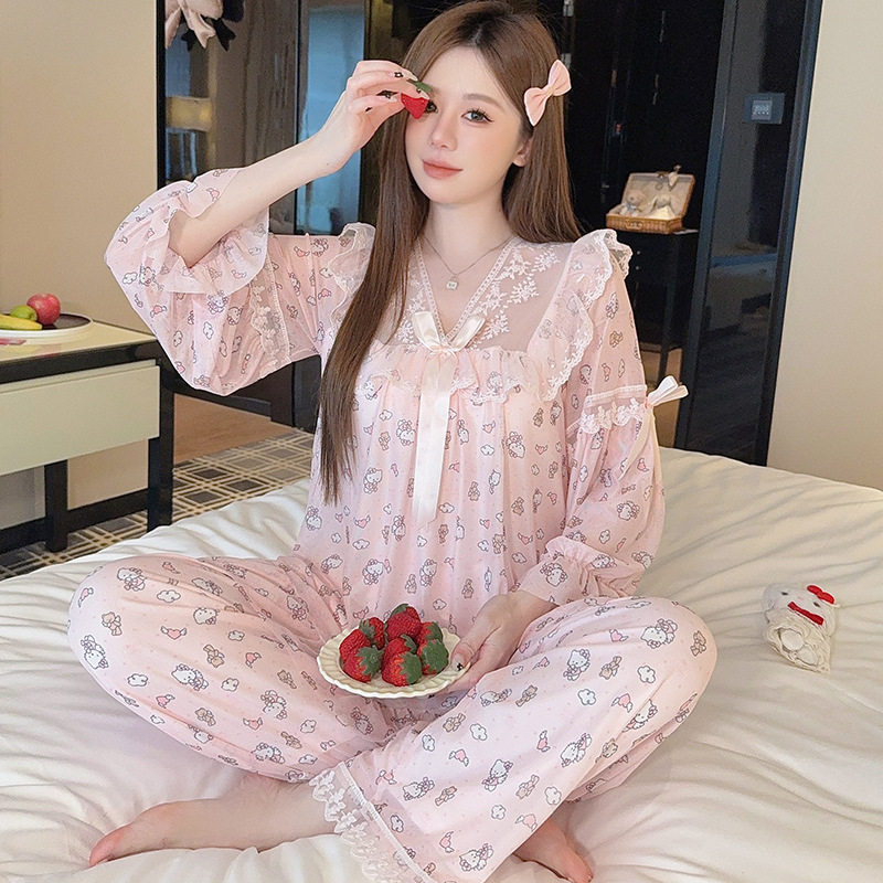 凌蕾春秋新款印花色蕾丝花边甜美宽松公主风网纱睡衣套装家居服|undefined