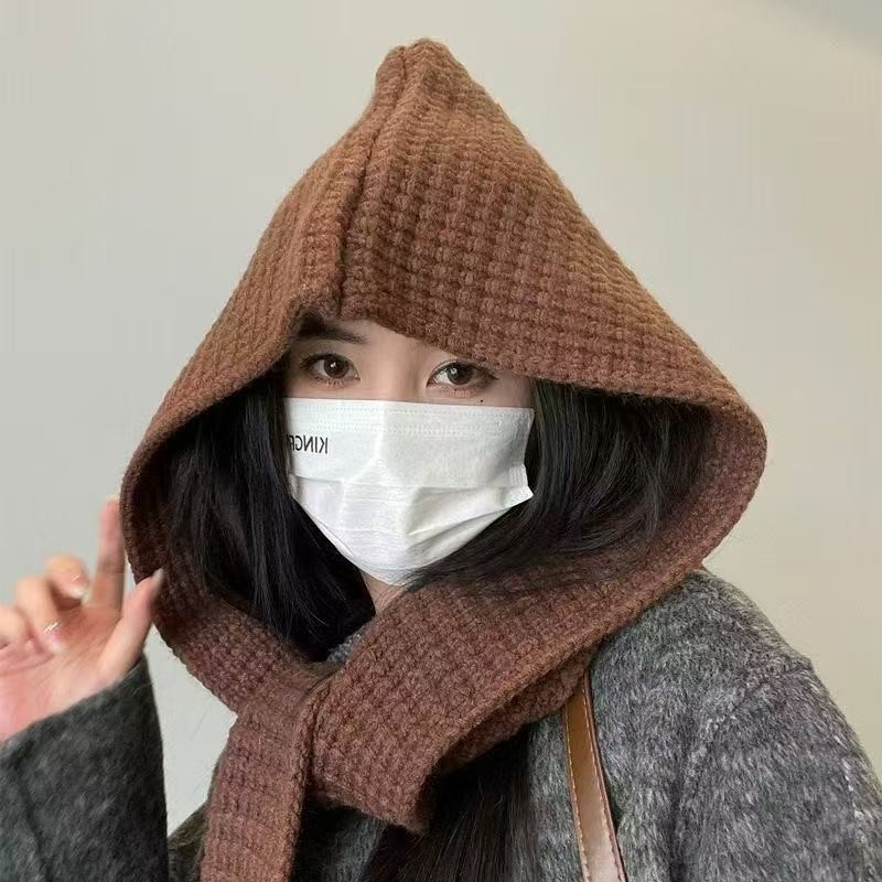 韩版披肩帽子围巾一体两件套纯色保暖秋冬季两用针织拉法是时尚帽|undefined