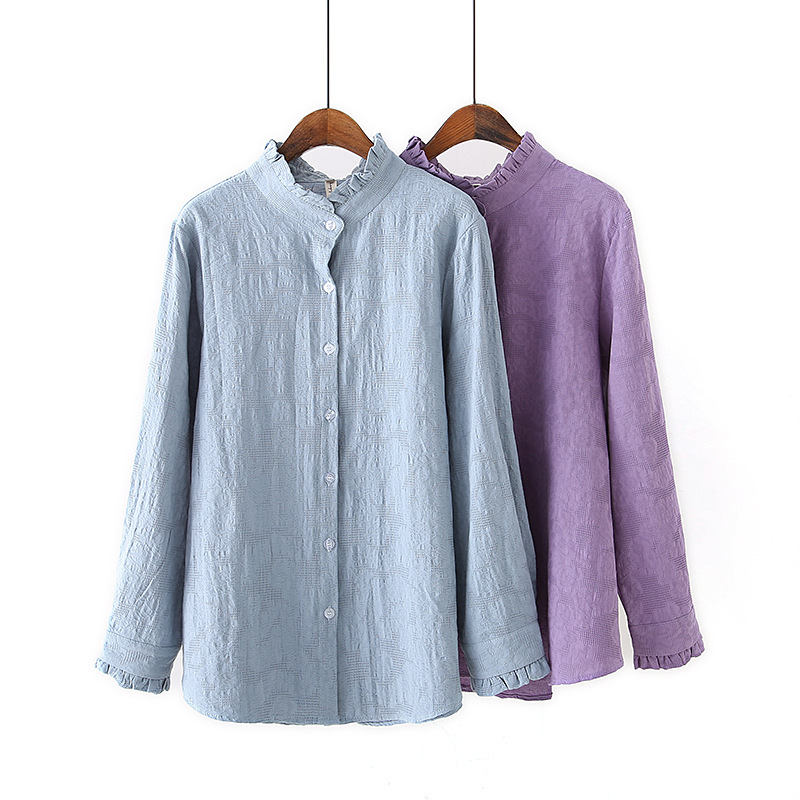 2021 Spring New plus size women's cotton jacquard shirt chubby girl lace collar long sleeve cardigan 2856