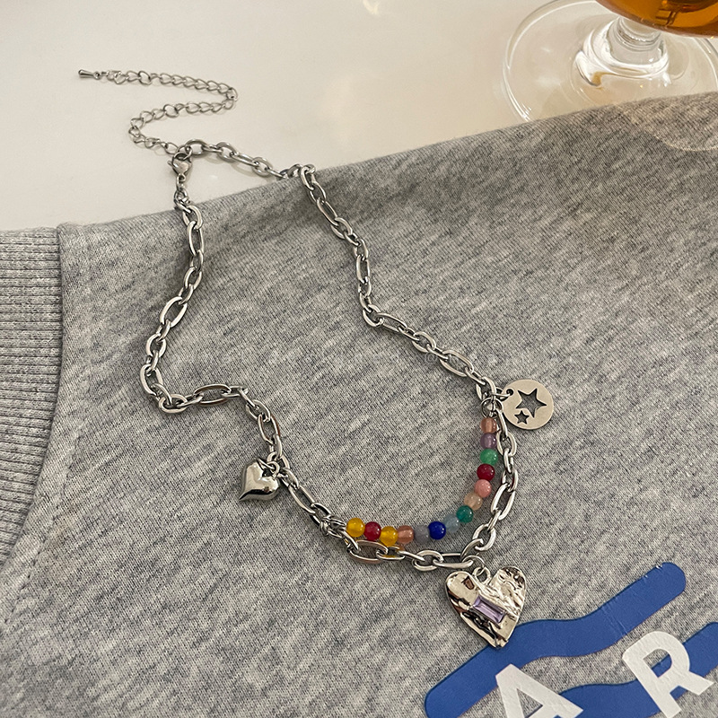 Fashion Heart Shape Titanium Steel Pendant Necklace Beaded Stainless Steel Necklaces_colorza_1