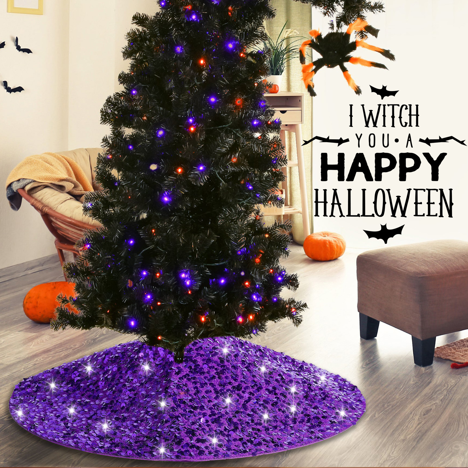 Halloween transfronterizo de alta calidad brillante falda de árbol delantal púrpura creativo de vacaciones de atmósfera accesorios de árbol decoración