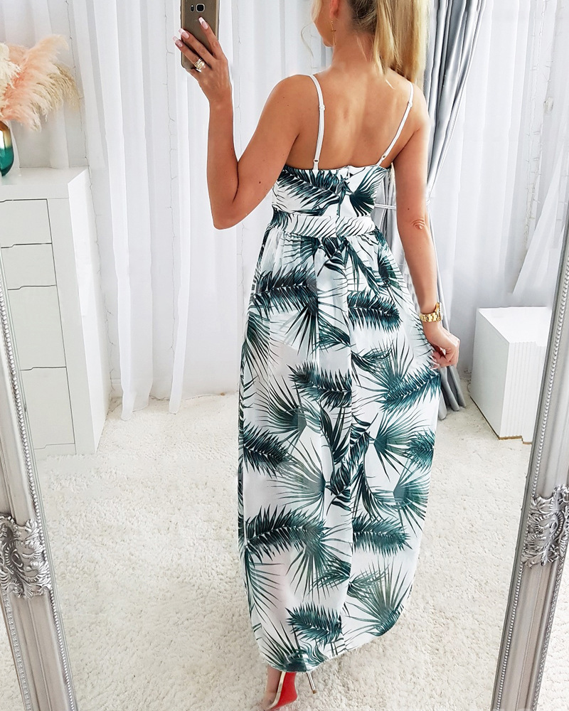 Women's Swing Dress Sexy V Neck Printing Sleeveless Leaf Maxi Long Dress Banquet Party display picture 2