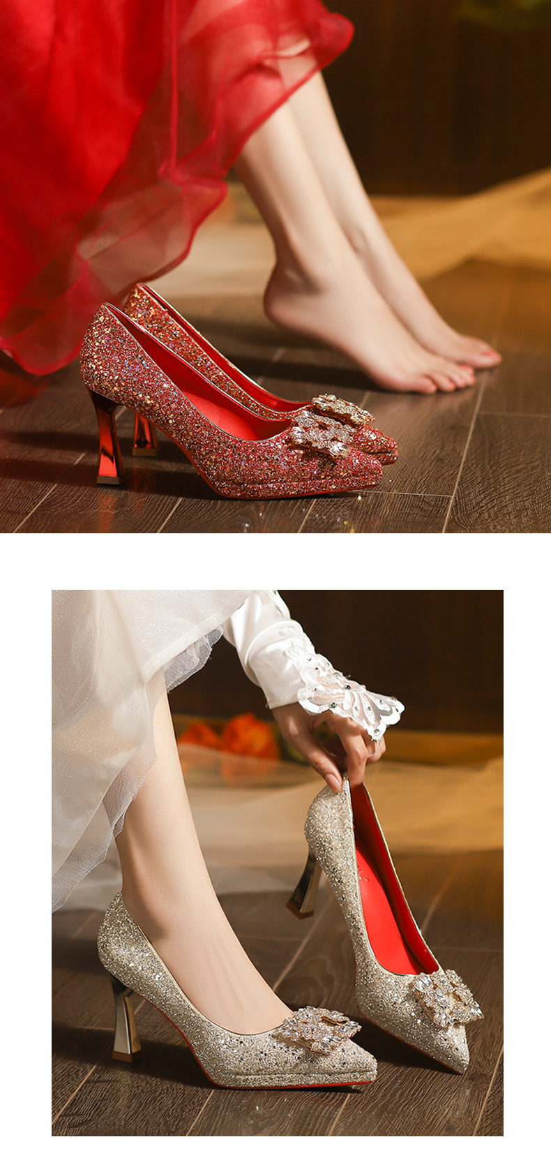 Giày cao gót nữ mũi nhọn đính sequin gót vuông quai ngang — sâm panh chi tiết 7