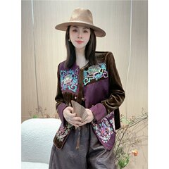 新中式国风刺绣丝绒外套2025秋季新款高端气质宽松遮肉拼色上衣女