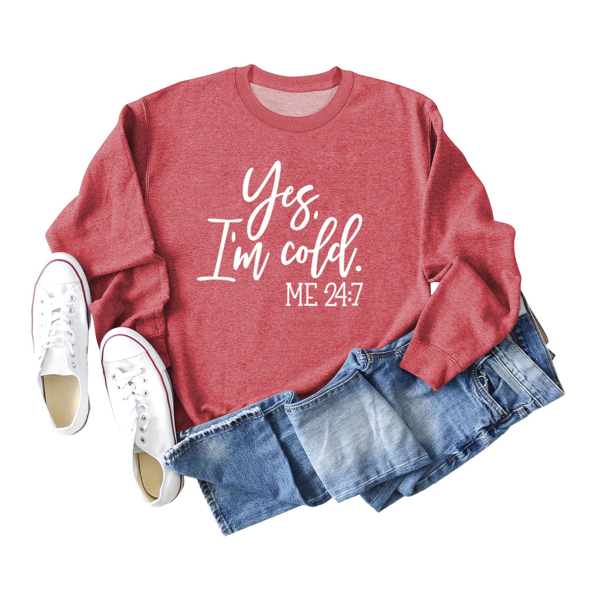 Suéter de punto con estampado de letras casuales sueltos de Amazon Yes 'I'm Cold nueva ropa de mujer de comercio exterior con cuello redondo