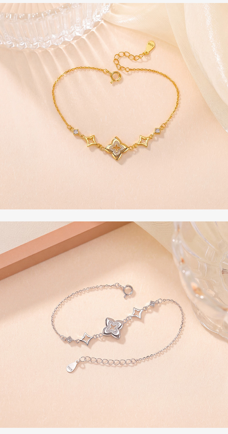 Lắc tay nữ bạc S925 mạ vàng hình cỏ bốn lá nhẹ thời trang — Loại bạc chi tiết 5