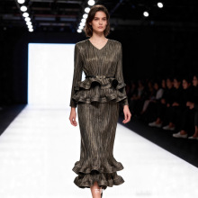 工厂直销miyake三宅欧美跨境大码烫金荷叶边高档女装显瘦时尚两件