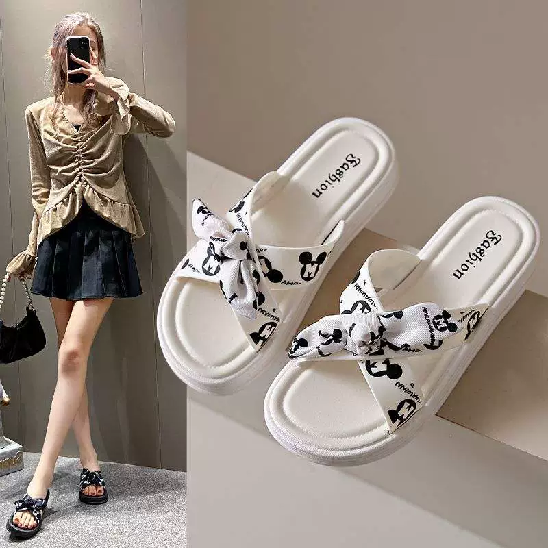 2025 новых женских плоских мягких тапочек, летняя верхняя одежда для беременных, нескользящие универсальные пляжные сандалии с бантом