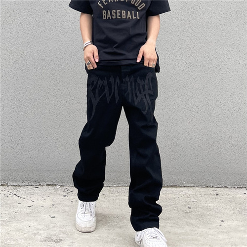 Black Jeans for Men and Women, Trendy High Street, American Retro Embroidered Letter High-Waist Straight Leg Hip-Hop Loose Jeans
