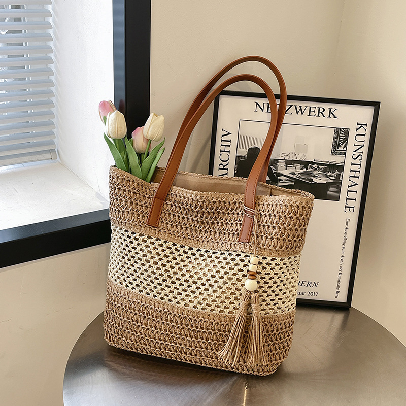 Hand-Woven Women's Straw Bag - Travel Handbag, Shoulder Bag, Beach Bag, Vacation Tote - Thumbnail 7