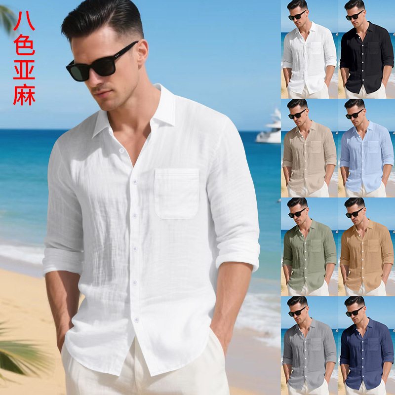 Cross-Border Amazon Men's Casual Beach Linen Shirt Long-Sleeved Casual Lapel Shirt for Men