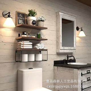 跨境多层木质置物架 墙面收纳架 卫生间浴室置物架 带铁艺纸巾架