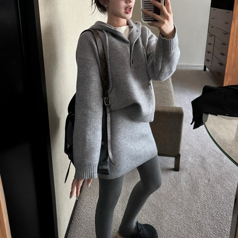 慵懒软糯简约连帽毛衣高腰显瘦半身裙两件套女2025秋冬穿搭一整套|undefined