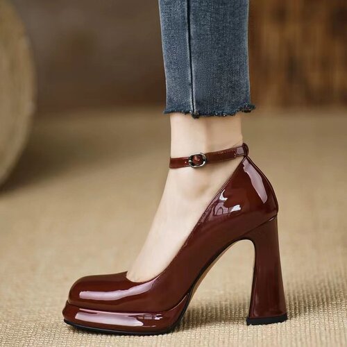 Block heel high-heel women's single shoe with a single buckle, Mary Jane style square-toe small leather shoes