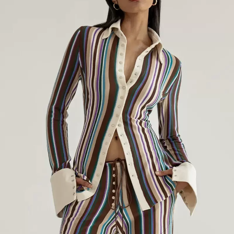 亚马逊跨境新款单排扣翻领上衣2022秋季热销时尚休闲拼色女式衬衫