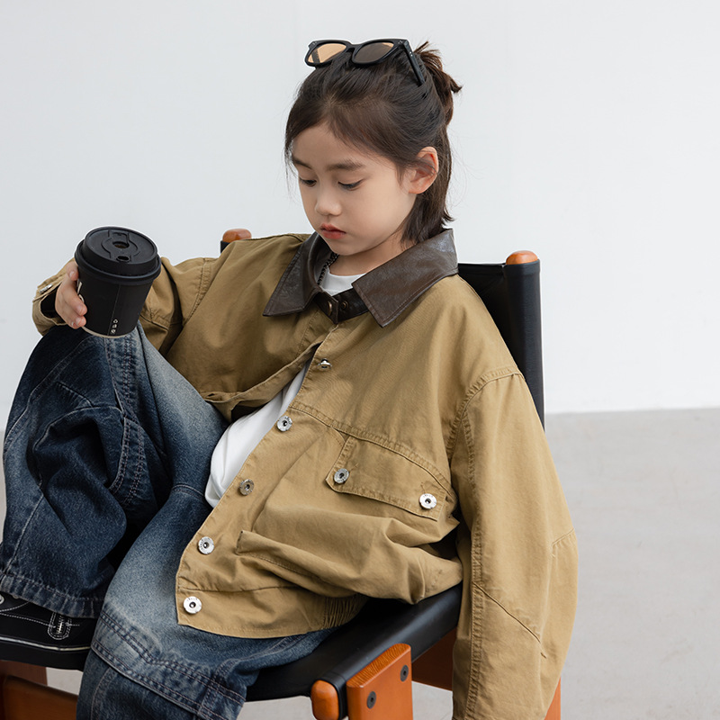 跨境男童秋装外套中大童时尚PU皮领工装休闲夹克韩版潮范男孩上衣