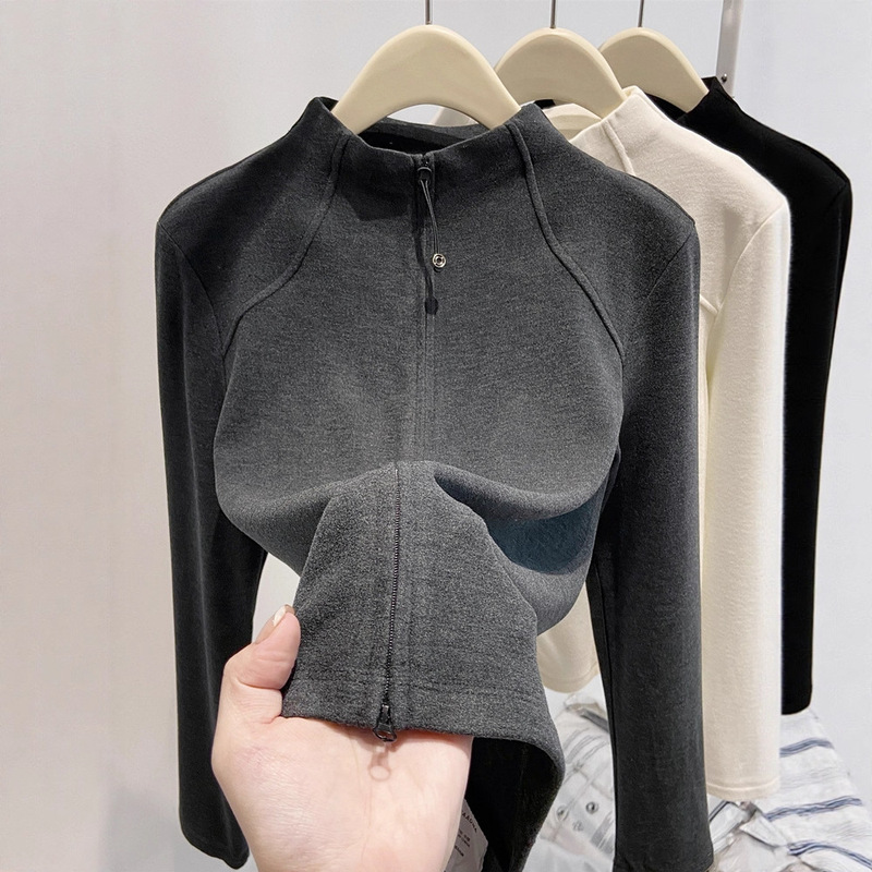 Casual Casual Half Turtleneck German Velvet Long-Sleeved T-Shirt for Women Autumn and Winter New Double Zipper Slim Bottoming Shirt Top Jacket