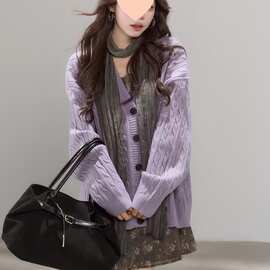 紫色毛衣开衫外套女2025秋冬新款宽松慵懒风外穿小众别致针织上衣