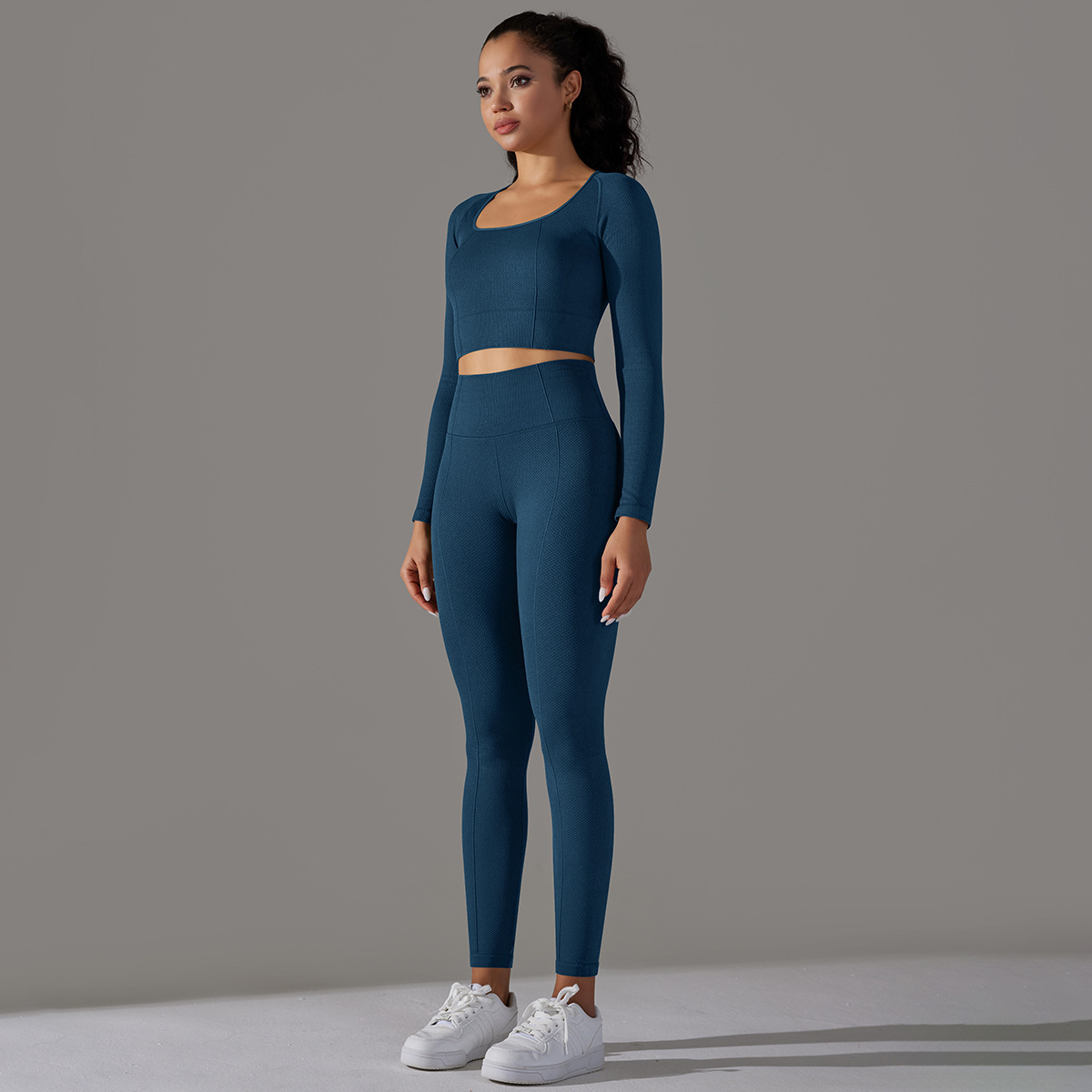 Women's Jacquard Yoga Dress Long Sleeve Suit High Waist Hip Tights Fitness Sportswear_voghion.com