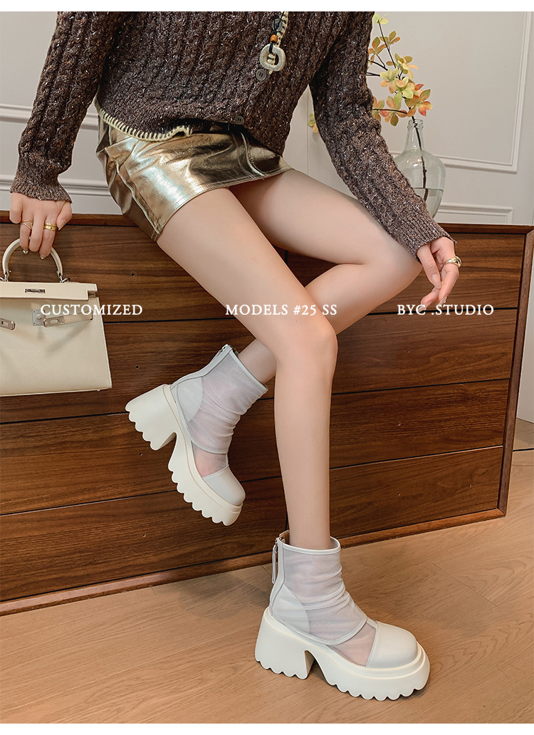 Boot lưới nữ cao gót 8cm đế dày phong cách Martin — Màu đen, Màu trắng chi tiết 17