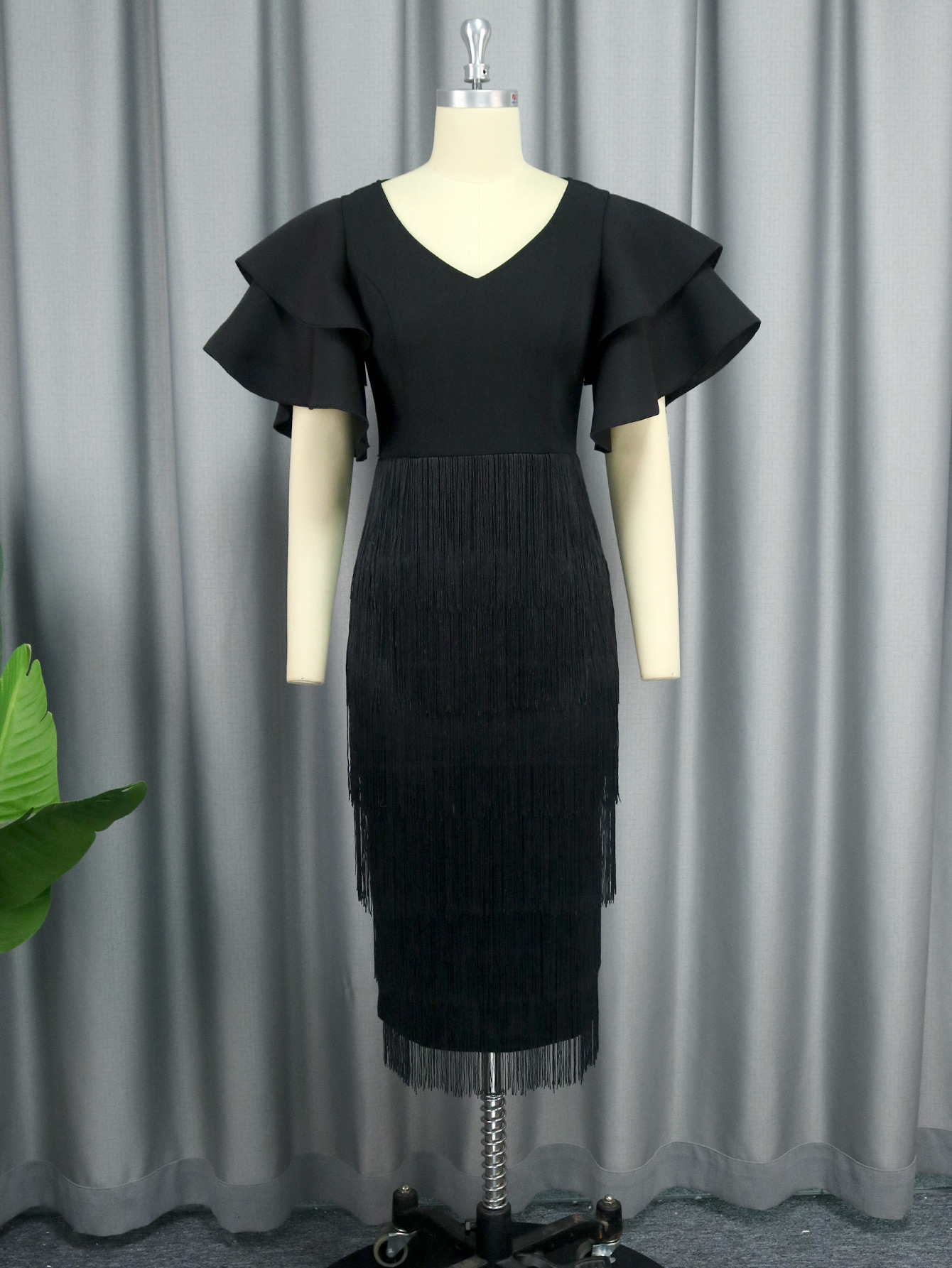 Women's Clothing Rose Red Tassel Skirt Ruffle Sleeve Sexy V Neck Large Size 4XL Dress Party Dress_voghion.com