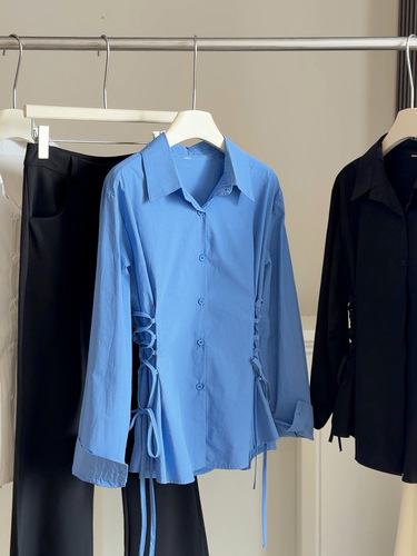 Fashionable design, waist, slimming strap shirt, women's spring clothes, new 2026 lapel all-matching foreign-style shirt top