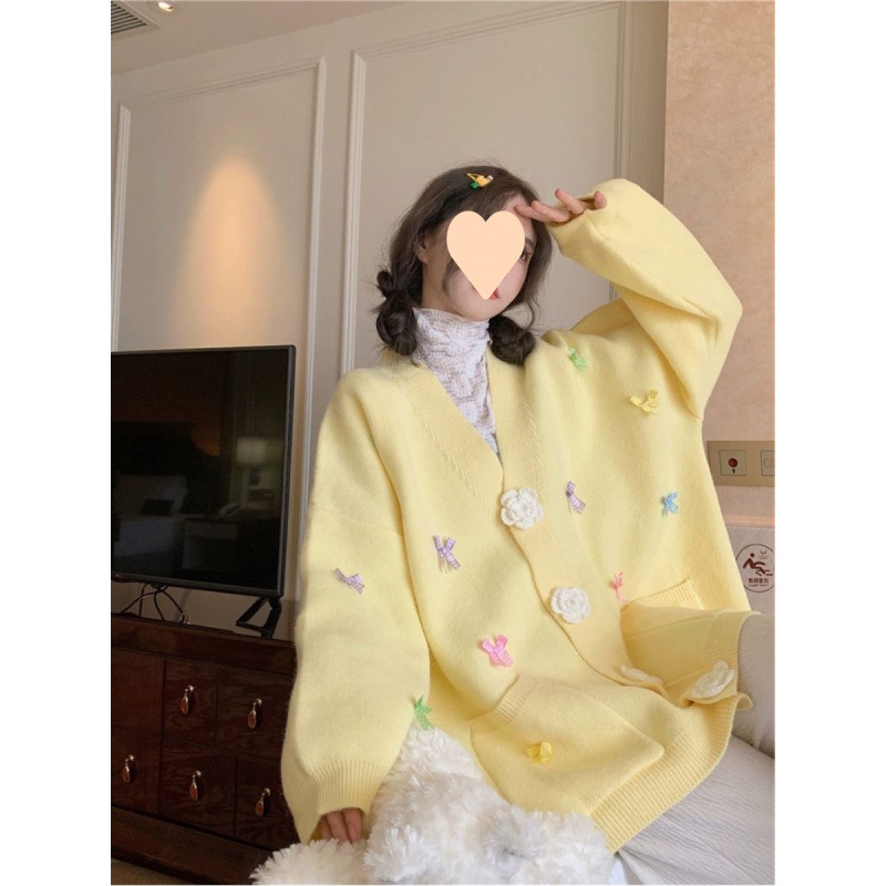 Candy color bow collar three-dimensional flower knitted cardigan sweater for women in autumn and winter new loose lazy style top
