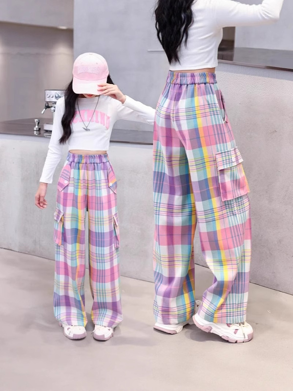 女の子パンツ 2025 春夏新作子供オーバーオールドーパミン女の子ズボン大きな子供ワイドレッグカジュアルパンツ|undefined