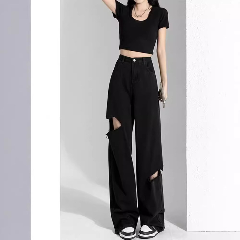 Black Hole Denim Women's High Street Straight Beggar Autumn and Winter Thin Loose Dosing High Waist Wide Leg Trendy Trousers Black Hole Denim Women's High Street Straight Beggar Autumn and Winter Thin Loose Dosing High Waist Wide Leg Trendy Trousers