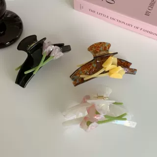 韩国简约ins气质百搭马蹄莲花朵醋酸发夹立体双面盘发抓夹鲨鱼夹