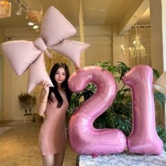 新款粉色蝴蝶结数字气球生日求婚纪念日派对装饰场景布置用品道具