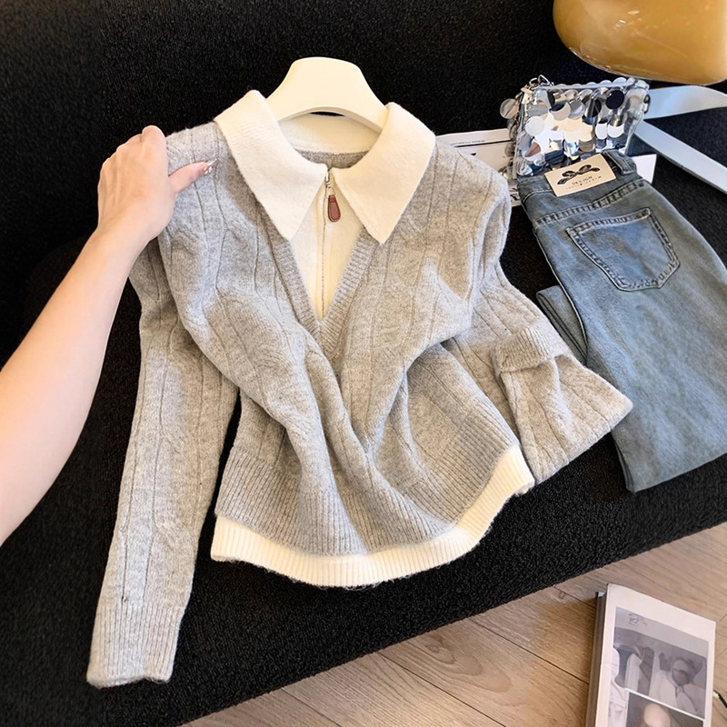 Brand Discount Korean Style Polo Collar Contrasting Fake Two-Piece Cashmere Sweater for Women 2025 Autumn and Winter New Style Simple Age-Reducing Sweater
