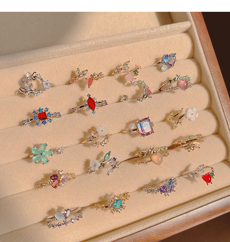 Fashion Heart Shape Flower Copper Zircon Open Ring 1 Piece