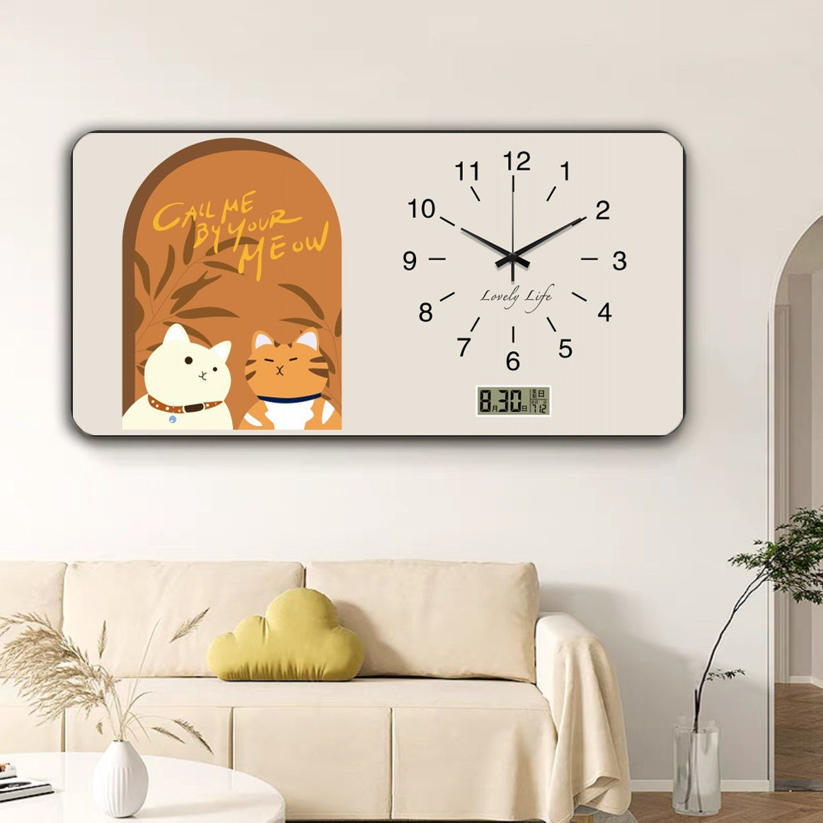 Plantas verdes frescas, reloj de pared, pintura decorativa creativa, calendario perpetuo, reloj electrónico, reloj de sala de estar, pintura de reloj de estilo crema fresca