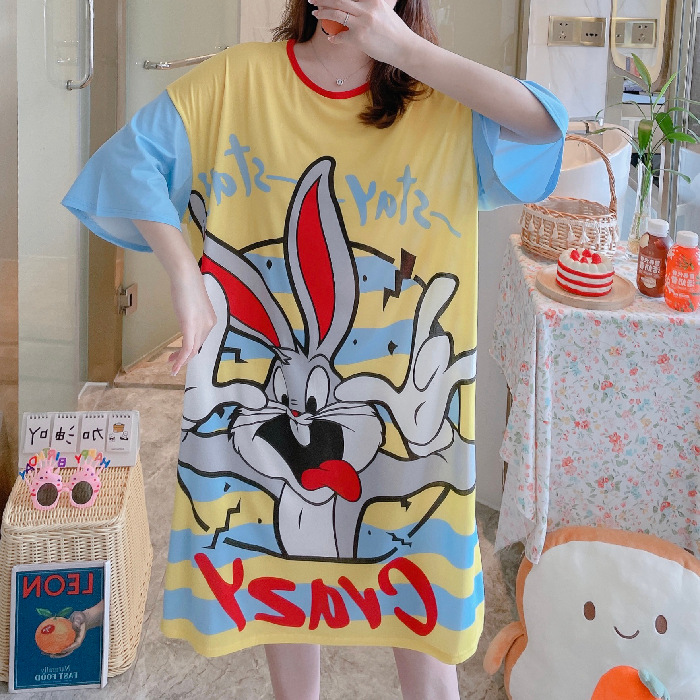 Camisón de verano de las mujeres camisón de manga corta de comercio exterior de dibujos animados pijamas delgados de una sola pieza vestido lindo homewear