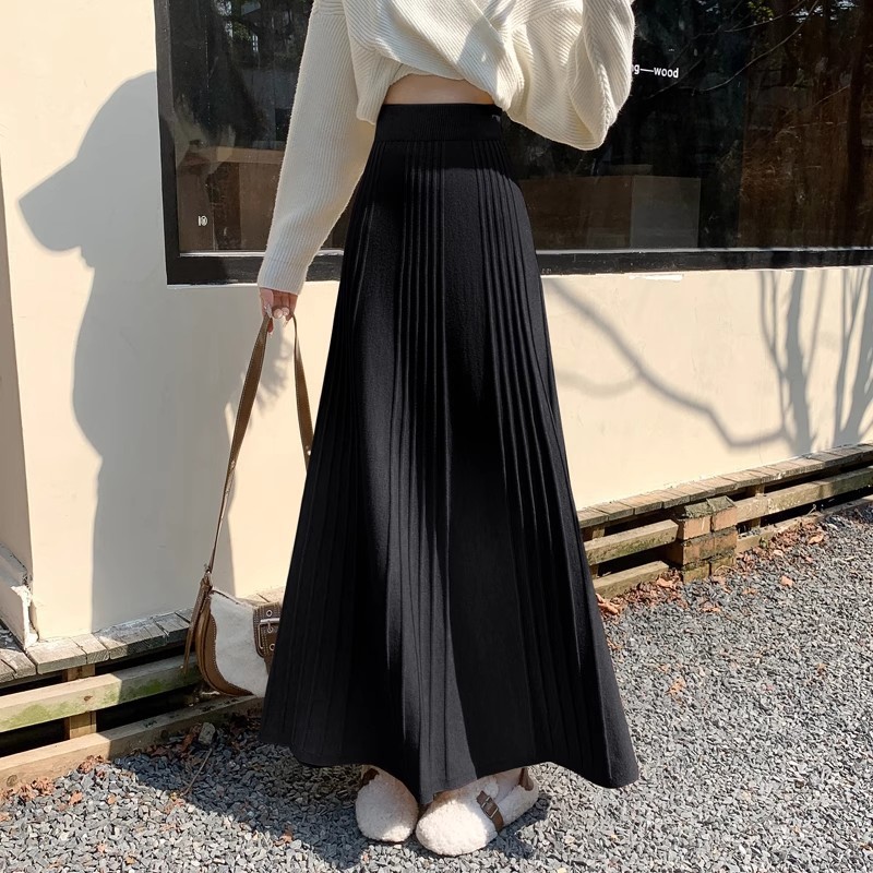 加厚百褶针织半身裙女秋冬新款高腰显瘦垂感a字毛线伞裙大摆长裙|undefined