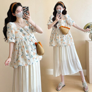 Small Fresh Color Short-sleeved Doll Shirt Top Belly-supporting Skirt Full Pregnancy Wearable Summer Thin suit for Pregnant Women