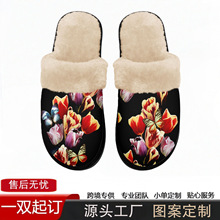 跨境专供花卉图案棉拖鞋女平底加绒防滑棉鞋可来图定制